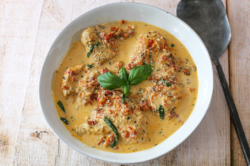 Instant pot chicken with creamy sun-dried tomato sauce.