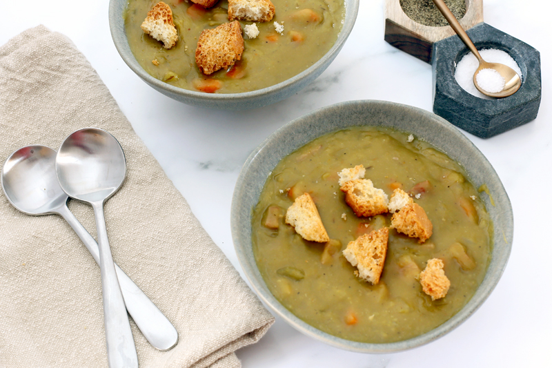 Instant Pot pea soup with croutons.