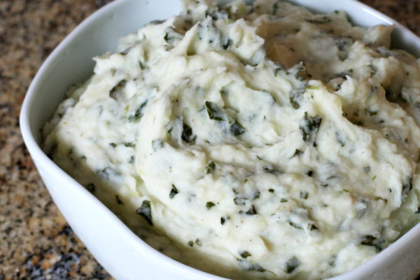 Mashed potatoes with kale or cabbage.