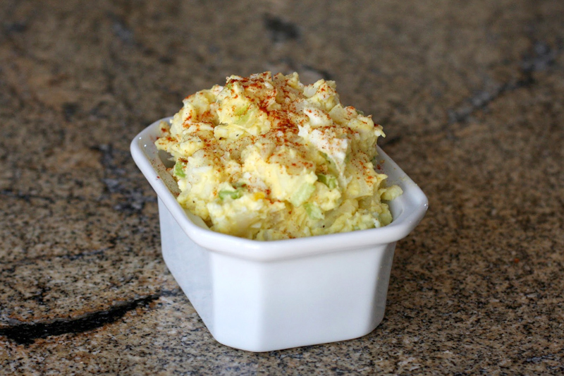 Potato salad with eggs and mustard.