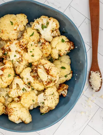 Air fryer roasted caulilflower with Parmesan cheese.