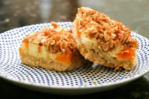 oat crumb-topped apricot cheesecake bars on a dessert plate.