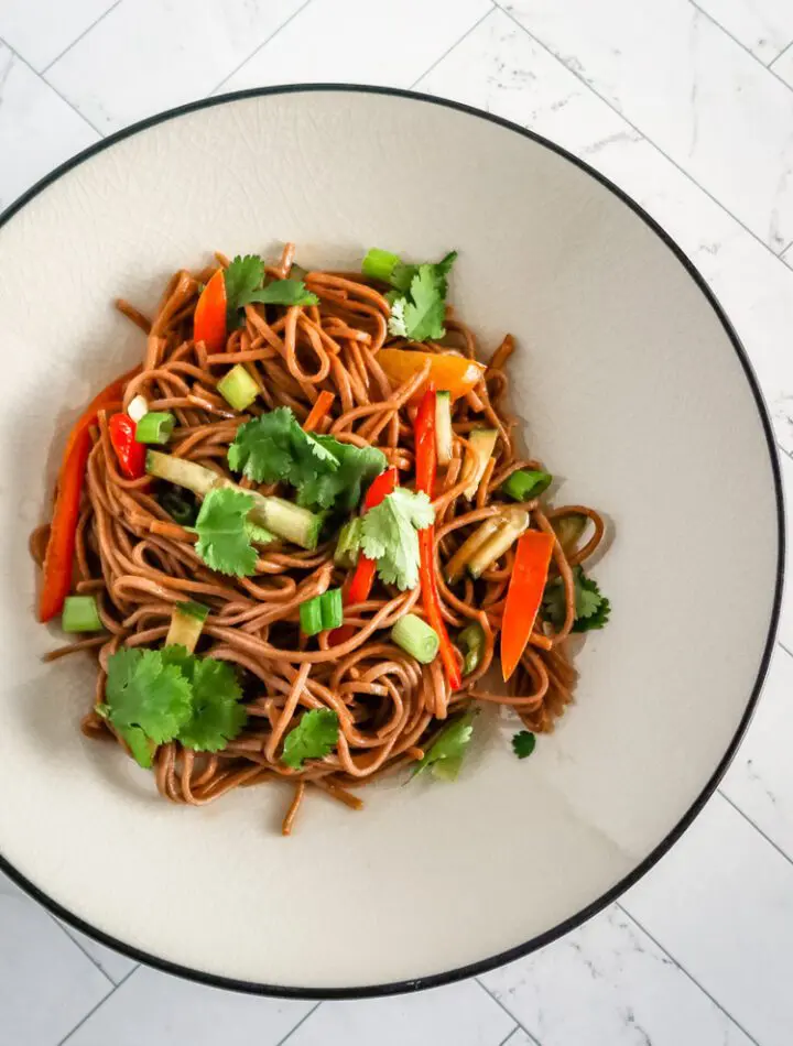 A serving of noodle salad with Asian flavors