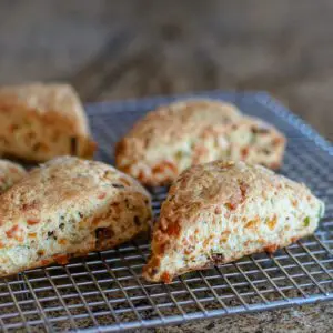 bacon cheddar scones on a rack