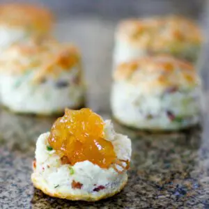 bacon chive biscuit, split with marmalade