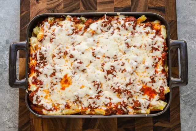 Baked ziti with the mozzarella cheese topping.