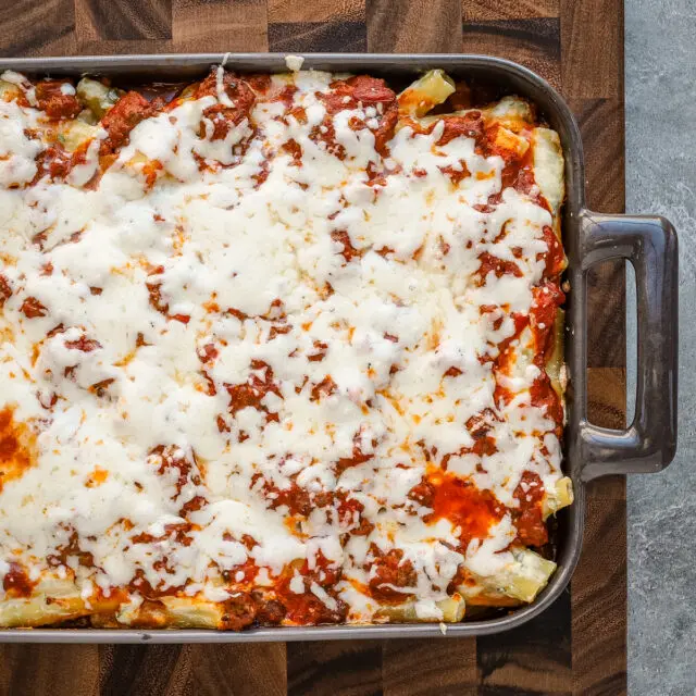 Baked Ziti in the baking dish.