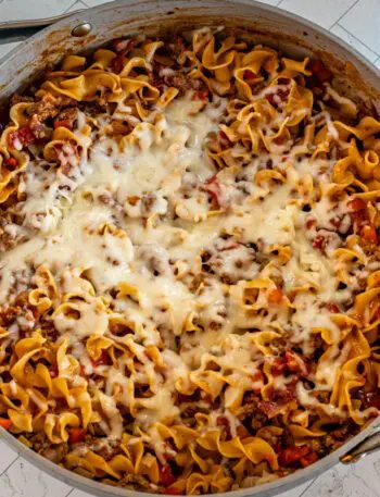 beef and noodle skillet in the pan