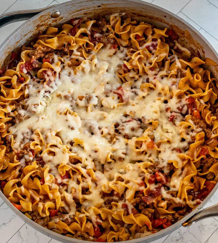 beef and noodle skillet in the pan