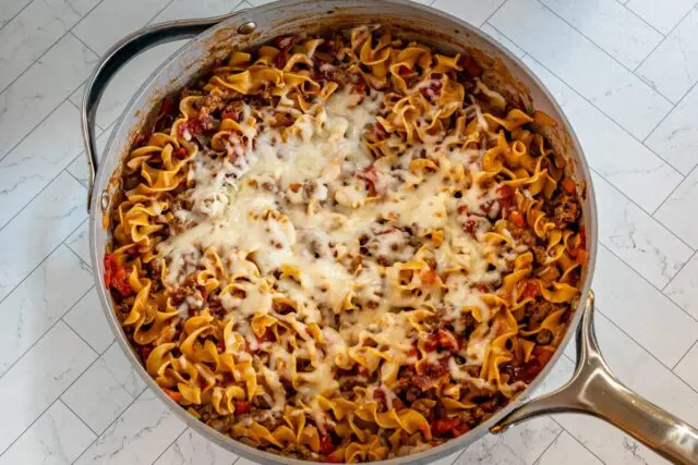 beef and noodle skillet in the pan