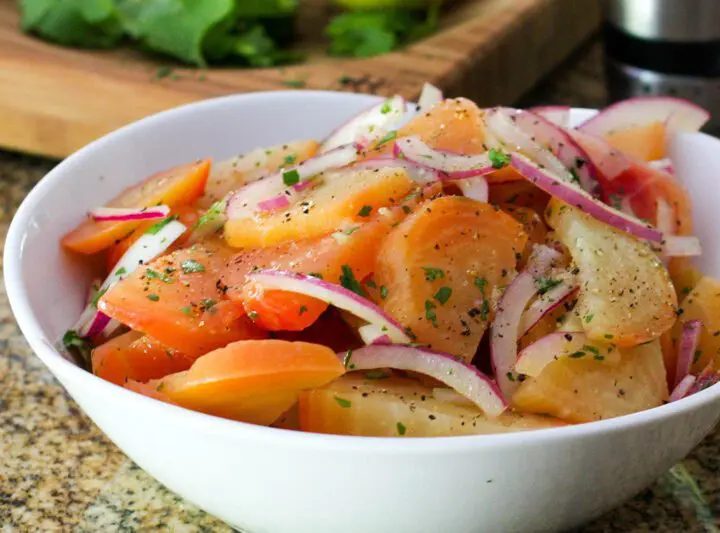 beet salad with a lemon vinaigrette in a serving bowl