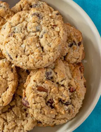 cowboy cookies in a bowl, overhead