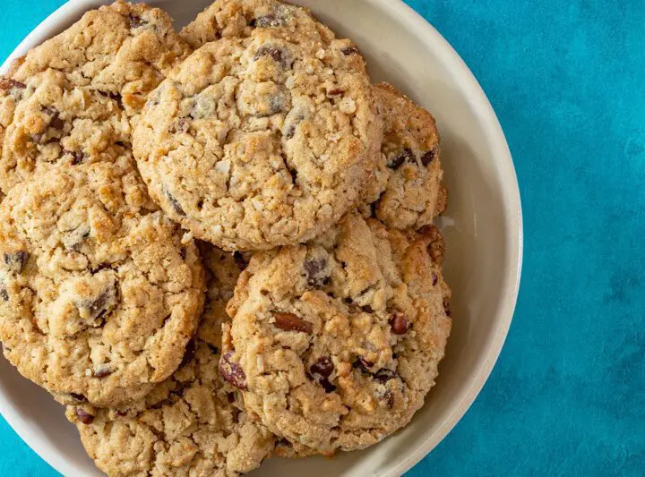 cowboy cookies in a bowl, overhead