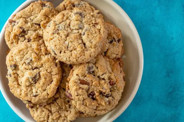 cowboy cookies in a bowl, overhead