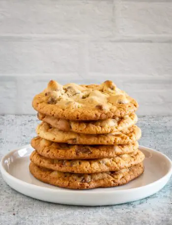 a stack of chewy bisquick chocolate chip cookies