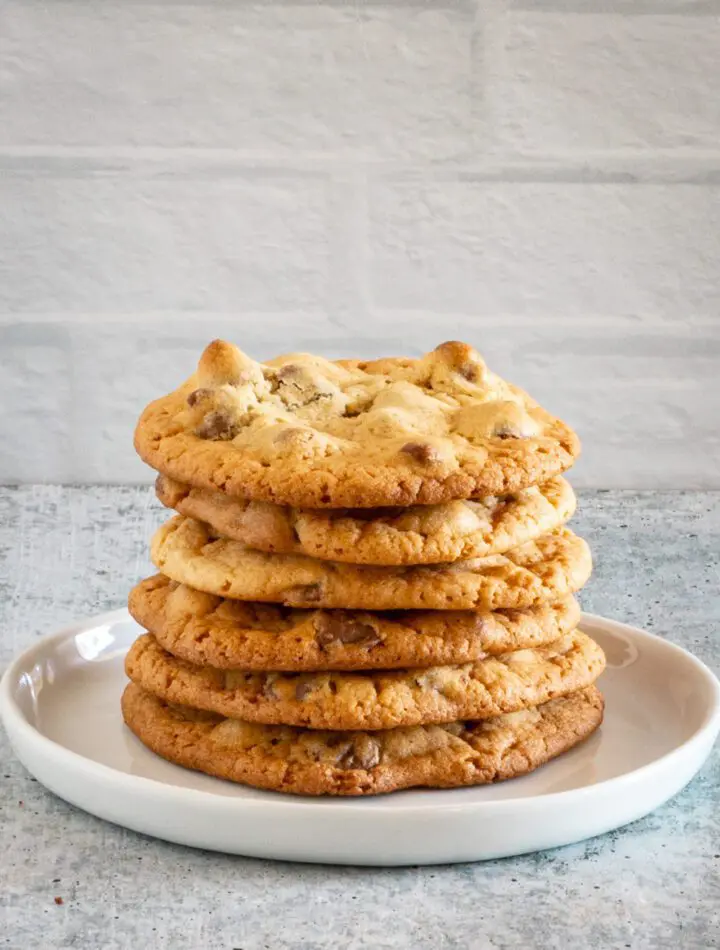 a stack of chewy bisquick chocolate chip cookies