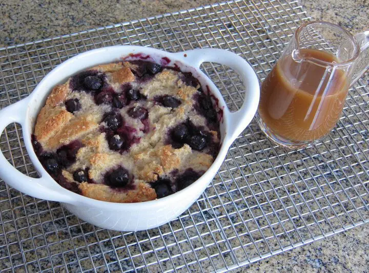 blueberry bread pudding in a baking dish