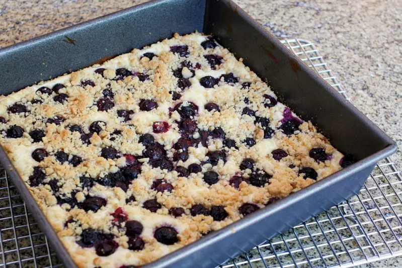 blueberry cheesecake bars in the baking pan
