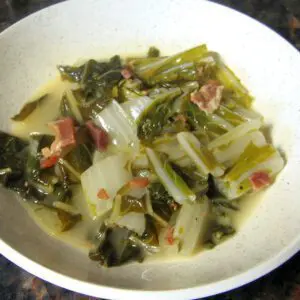 bowl with bok choy and bacon