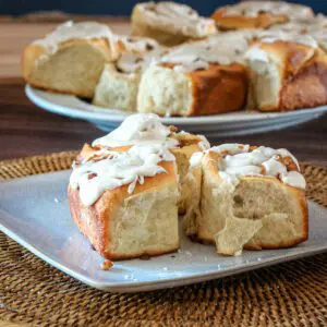 bread machine cinnamon rolls on a plate