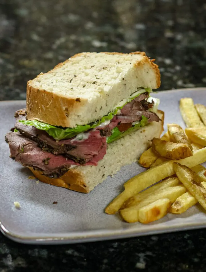 bread machine herb and mustard bread sandwich with roast beef and mayo