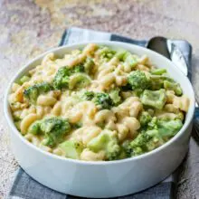 broccoli mac and cheese in a bowl