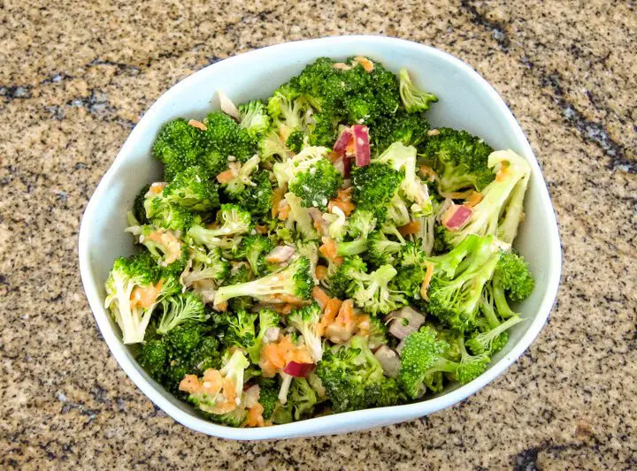 Broccoli salad with miso dressing and sesame seeds.