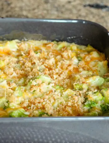 broccoli rice casserole in a baking dish