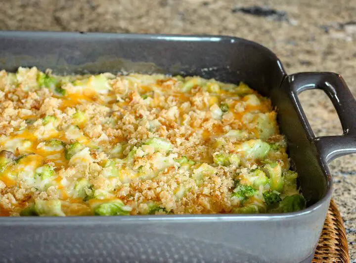 broccoli rice casserole in a baking dish