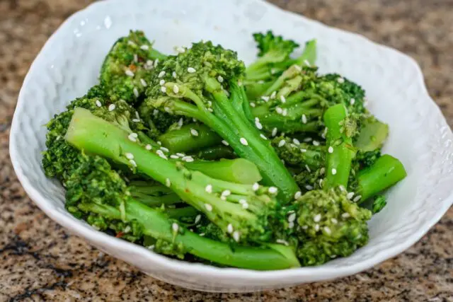 sesame broccoli in a serving bowl