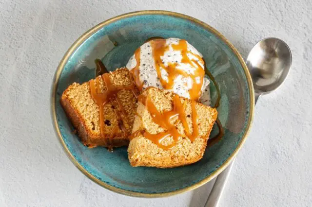 brown sugar pound cake with ice cream and caramel sauce