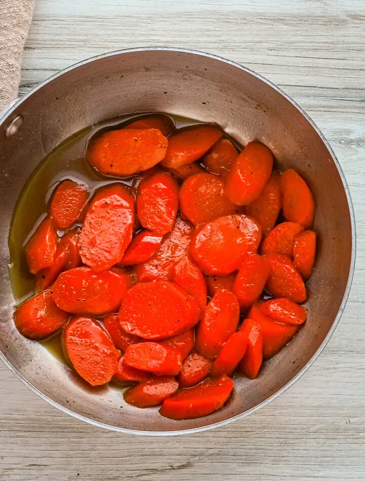 Delicious brown sugar glazed carrots in the pan.