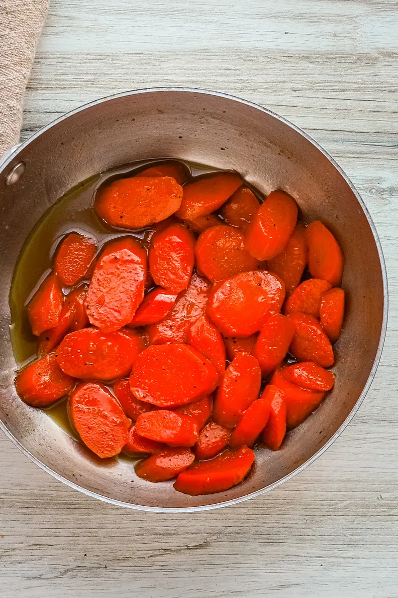 Delicious brown sugar glazed carrots in the pan.