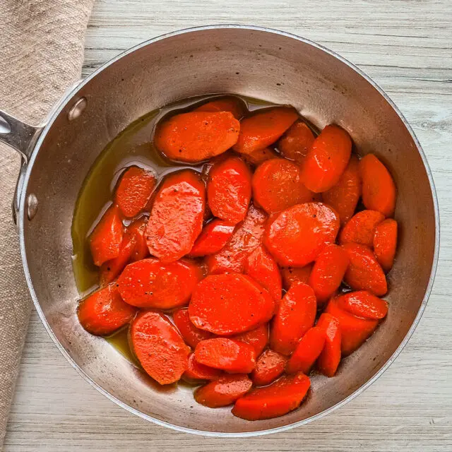 Delicious brown sugar glazed carrots in the pan.