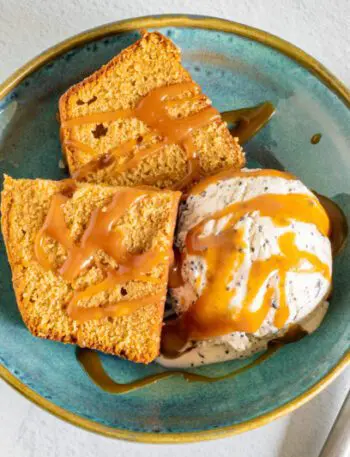 sliced brown sugar pound cake with caramel drizzle