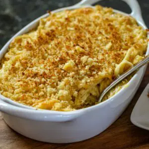 A spaghetti cheese casserole in the baking dish