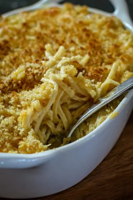 pasta and cheese casserole in a baking dish