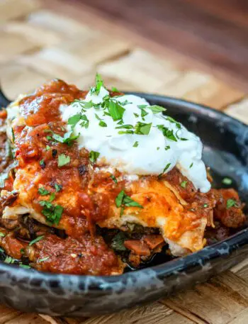 a burrito casserole serving on a pottery plate