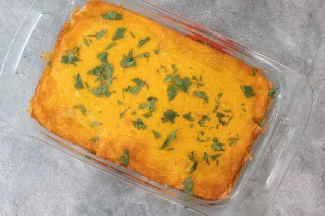 burrito casserole baked in the baking dish