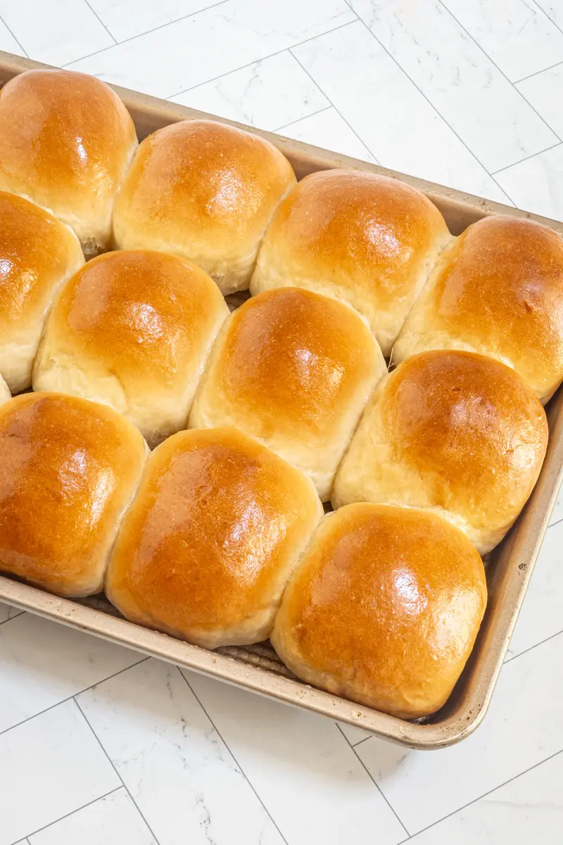 A pan of baked homemade dinner rolls.