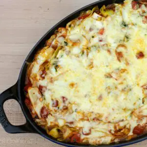 cabbage casserole with sausage in a baking dish