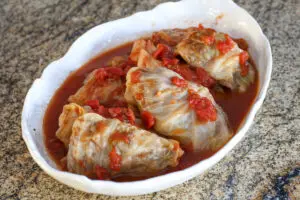 serving dish with stuffed cabbage rolls