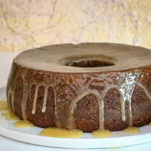 caramel glaze shown on a fig cake