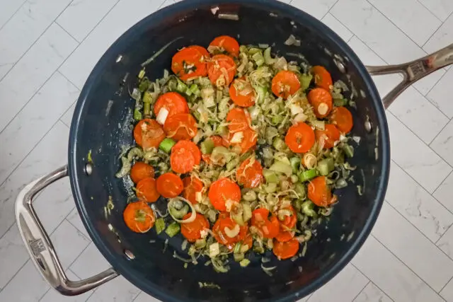 Chicken and gnocchi dumpling soup preparation: sauteing the vegetables..