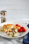 A plate with a helping of chicken pot pie casserole with a garnish of parsley and some grape tomatoes on the side.