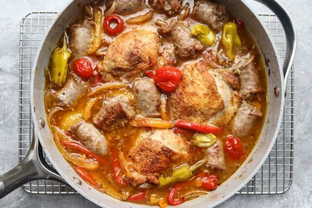 chicken scarpariello with chicken thighs, sausages, and peppers