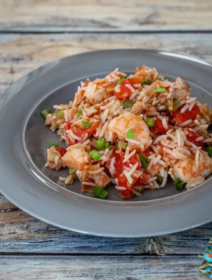 rice, shrimp, and chicken dish on a plate