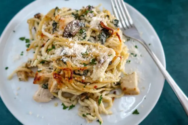 closeup of chicken tetrazzini on a plate with garnish