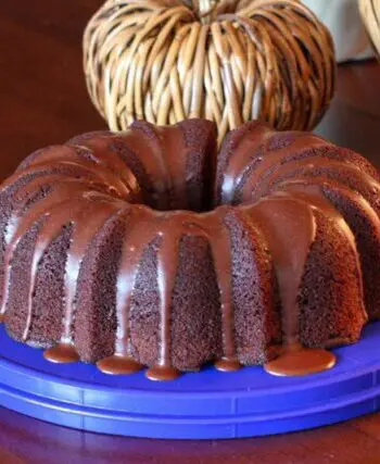 chocolate bundt cake on cake carrier tray