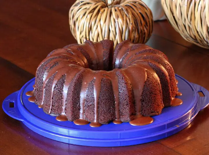 chocolate bundt cake on cake carrier tray